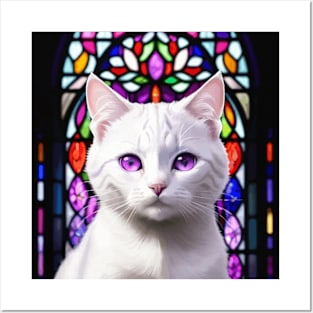 Sad White Cat with Purple Eyes in Front of Stained Glass Posters and Art